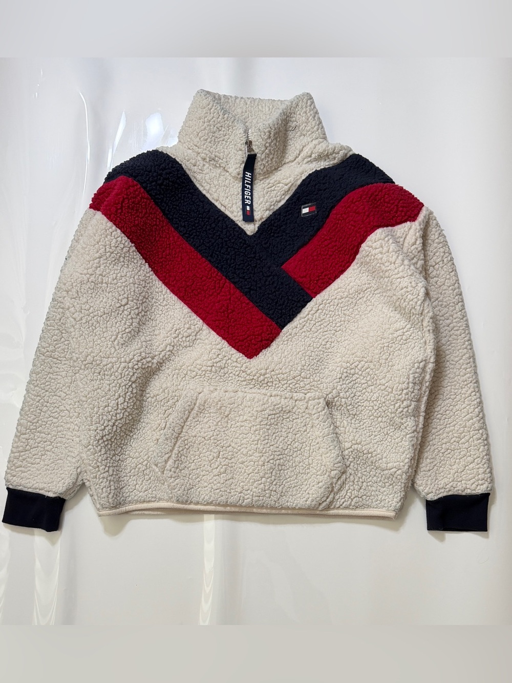 Tommy Hilfiger Cream, Navy & Red Sherpa Half-Zip Pullover